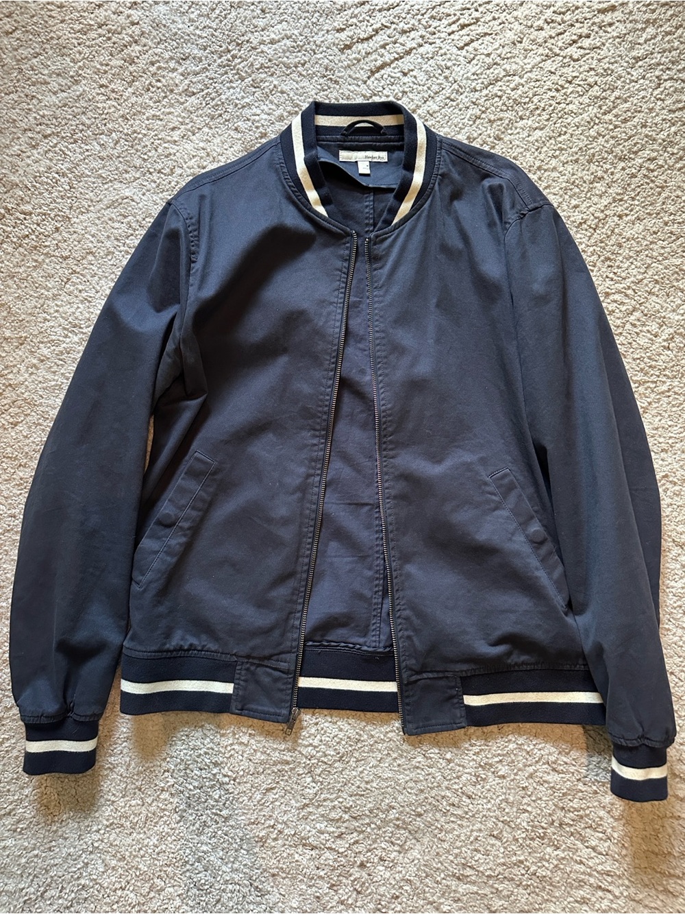 Men's Navy Bomber Jacket with Cream Stripe Trim